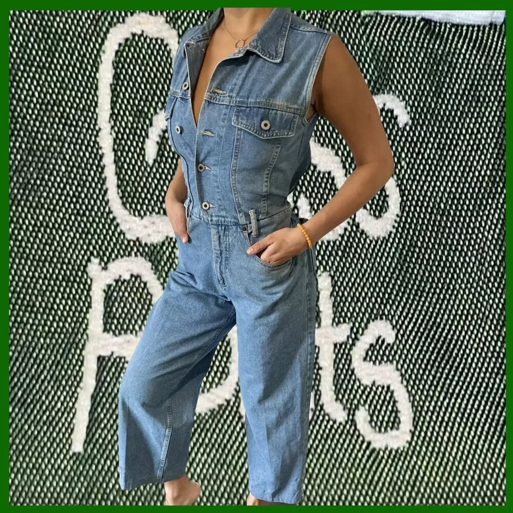Vintage 90s Grass Roots Denim Sleeveless Jumpsuit Size M | Wide Leg